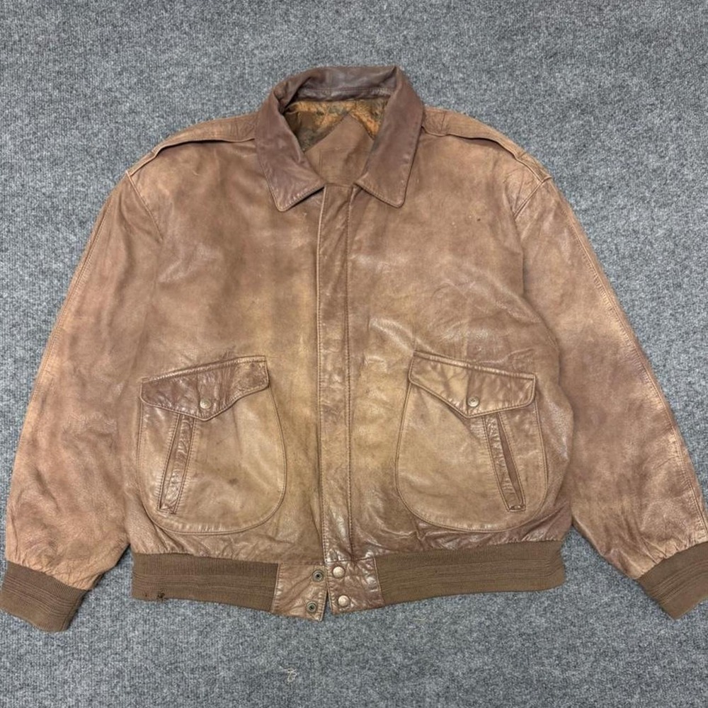 Vintage Roundtree & Yorke Brown Leather Bomber Jacket Mens L XL 90s Flight Coat